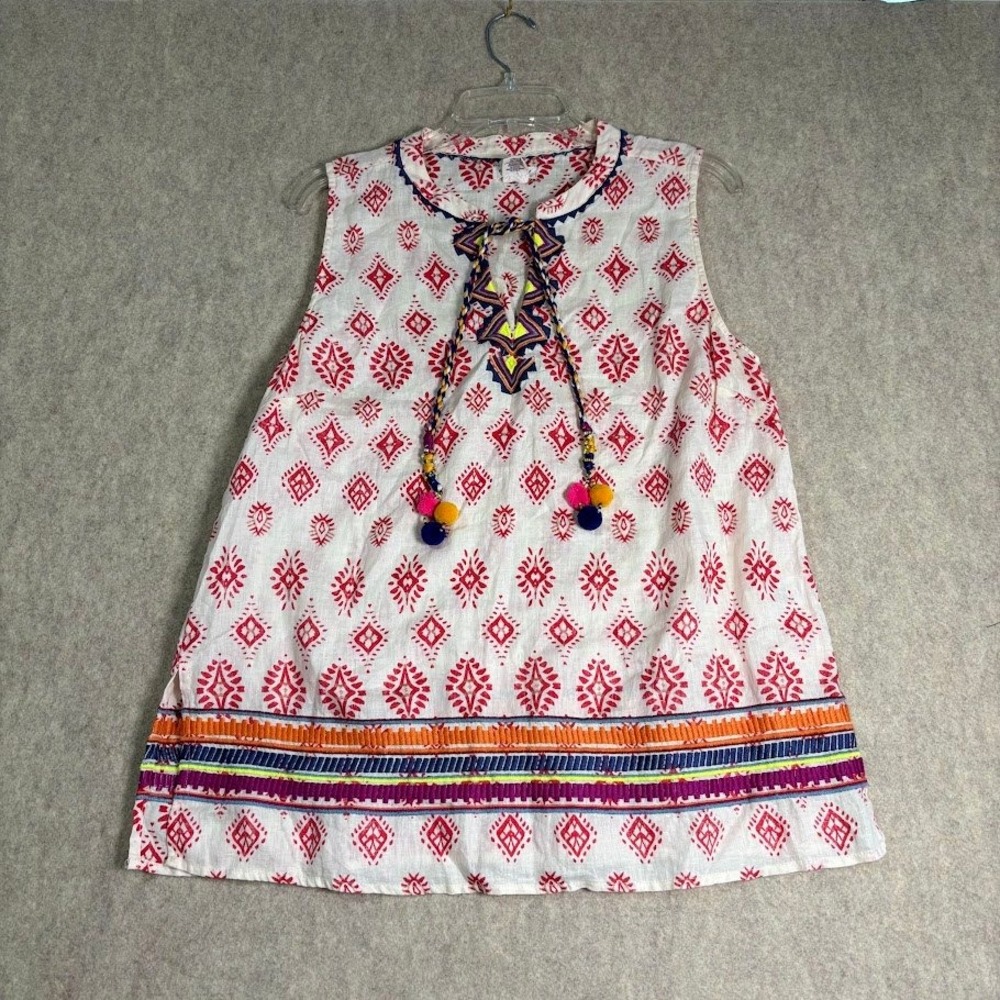 Artisan NY Top Wmns Large White Red Linen Boho Embroidered Tassel Pom Pom Blouse